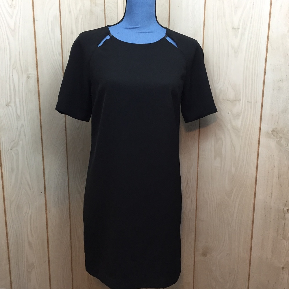 Anthropologie Bordeaux Black Short-Sleeve Shift Dress with Subtle Cutouts